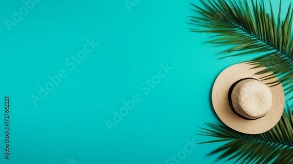 Obraz Straw Hat and Palm Leaves on Teal Backdrop, Summer, Vacation