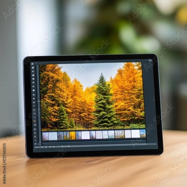 Obraz Tablet Displaying Autumn Forest Photo Editing, photo editor, graphic design