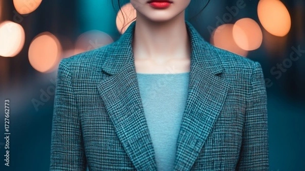 Obraz Teal Plaid Blazer, Red Lips, Bokeh Backdrop, Fashion, Style