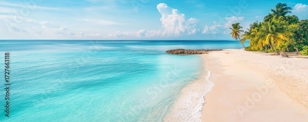 Obraz Turquoise Ocean Meets White Sand Beach with Palms, Paradise ,Tropical