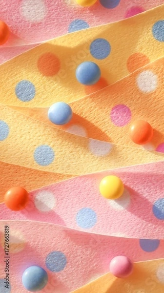 Fototapeta A whimsical closeup of pastelcolored ribbons adorned with colorful polka dots and scattered candy creates a playful and cheerful abstract composition