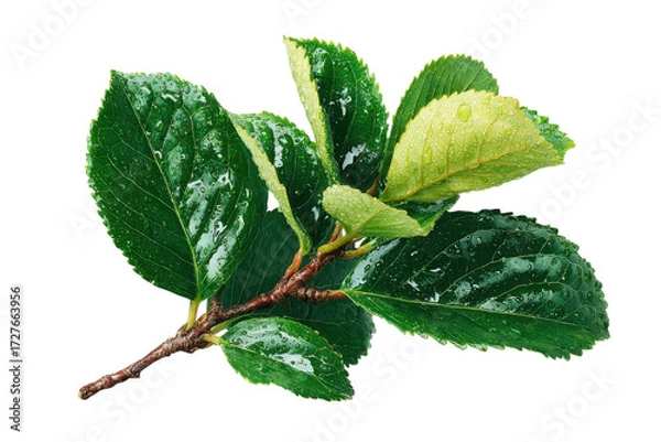 Fototapeta Fresh green leaves with water droplets on a branch against a create a natural aesthetic on transparent background