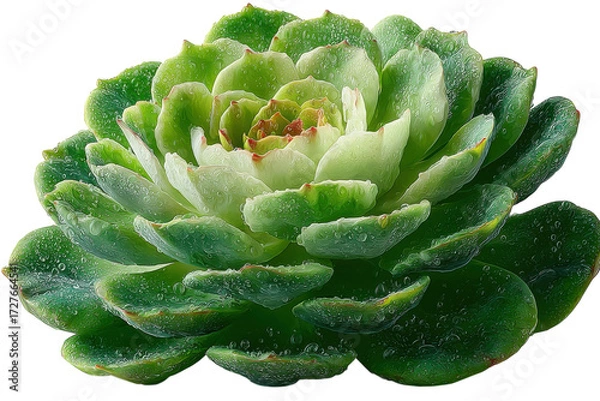 Fototapeta Closeup of a vibrant green succulent plant with water droplets on its leaves against a black backdrop on transparent background