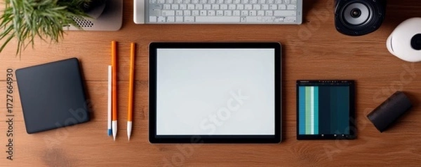 Obraz Workspace Flat Lay with Tablet, Keyboard and Pencils on Wood, tech , office