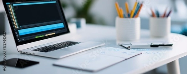 Obraz Workspace with Open Laptop Editing Software and Sketchbook, Creative , Office