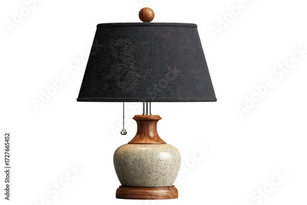 Fototapeta Elegant table lamp with a black lampshade and a decorative wood and speckled base on transparent background
