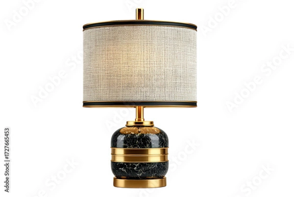 Fototapeta Elegant table lamp with a textured shade and a black marble base accented with gold trim on transparent background