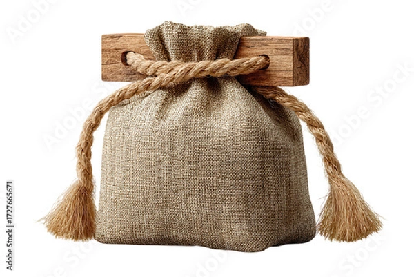 Fototapeta Rustic burlap sack with wooden closure and rope ties for gifts and storage solutions on transparent background