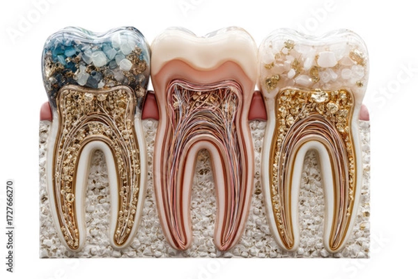 Fototapeta Detailed tooth anatomy showcasing healthy and unhealthy teeth with enamel and root structure illustration on transparent background