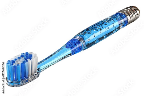 Fototapeta Close up of a blue toothbrush with a transparent handle and silver accents on transparent background