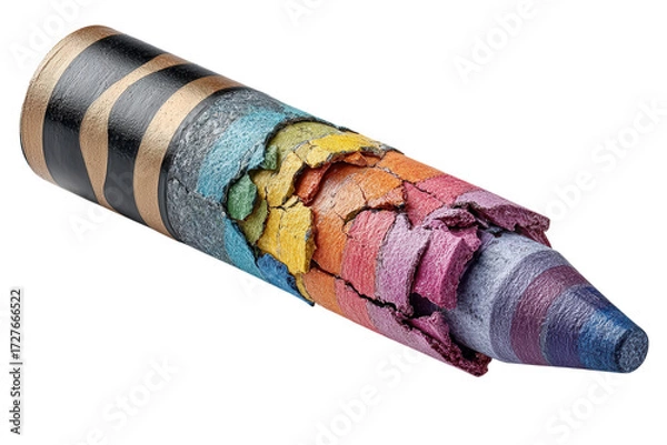 Fototapeta Macro photograph of a cracked rainbow crayon with black and gold stripes on transparent background