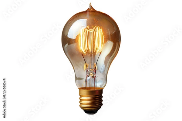 Fototapeta Vintage edison light bulb glowing warmly against a showcasing its intricate filament design on transparent background