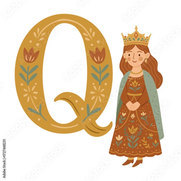 Fototapeta Elegant queen with floral Letter Q, whimsical folk style vector perfect for alphabet learning, nursery posters, personalized prints, children’s books, flashcards, emblems, and fairytale themed decor