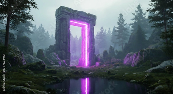 Fototapeta Mystical ancient stone portal emitting a radiant purple glow in a dark, atmospheric forest, casting reflections on a tranquil pond, creating an otherworldly fantasy scene