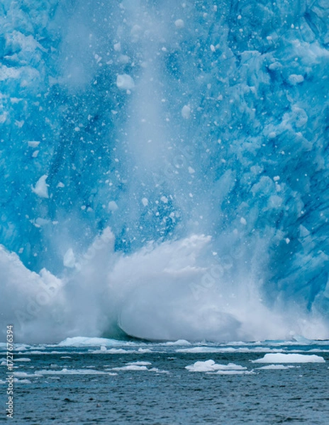 Fototapeta Capturing the explosion of water as ice sheets calve off the Aialak Glacier