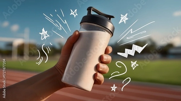 Fototapeta Post-Workout Energy: Hand Holding Protein Shake Bottle on Running Track with Hand-Drawn Power Doodles