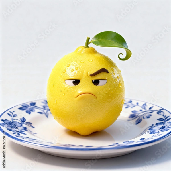 Fototapeta Cartoon lemon with angry expression on decorative plate