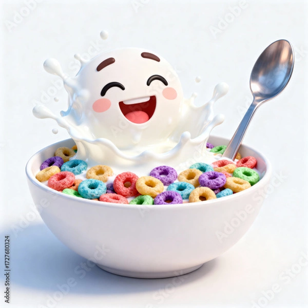 Fototapeta Bowl of cereal with smiling milk character and spoon