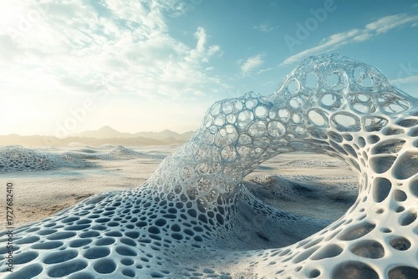 Fototapeta Abstract digital art depicting a porous, biomorphic structure in a desert landscape under a cloudy sky.