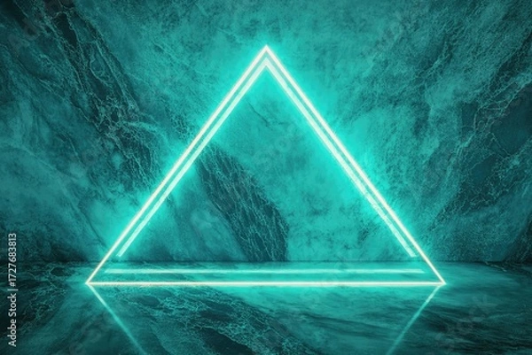 Fototapeta A vibrant teal neon triangle illuminates a sleek, dark marble background, creating a futuristic and stylish scene.