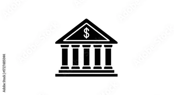 Fototapeta Solid black bank building icon with classical columns and a dollar sign symbol.