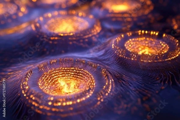 Fototapeta Abstract image of glowing, concentric circles resembling futuristic technology or a microscopic view of cellular structures.