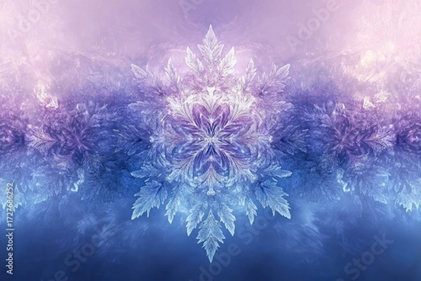 Fototapeta Intricate ice crystals form a stunning symmetrical pattern in shades of purple and blue, a breathtaking winter scene.