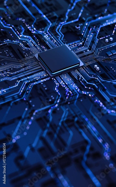 Fototapeta Processor chip on circuit board with copy space for design