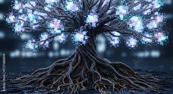 Fototapeta Mystical glowing tree symbolizing future ai. Deep roots illustrate foundation of data governance regulation and ethics for responsible technology and innovation