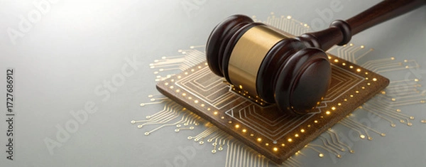 Fototapeta AI governance presents challenges for regulation and legal ethics. judge gavel on processor chip symbolizes serious demand for justice in digital age and cyber law