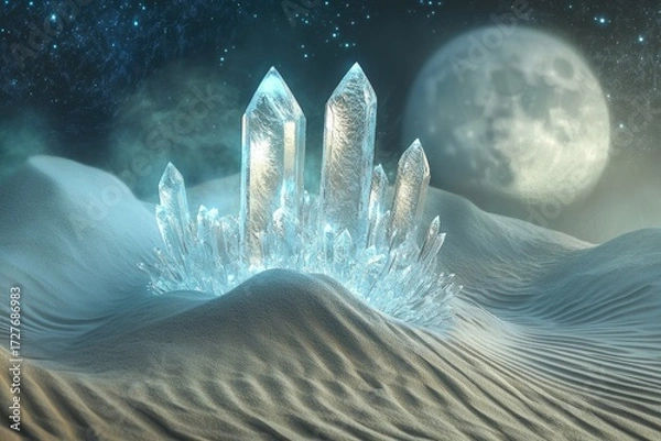 Fototapeta Luminous crystals emerge from desert sands under a vast night sky and a full moon.