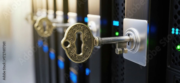 Fototapeta Key unlocking server represents secure data access. Proper ai governance regulation and ethics are crucial for information technology and privacy protection online