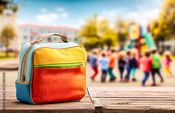 Fototapeta Cartable posé sur un planche en bois avec cour d'école et enfants jouant en arrière plan 