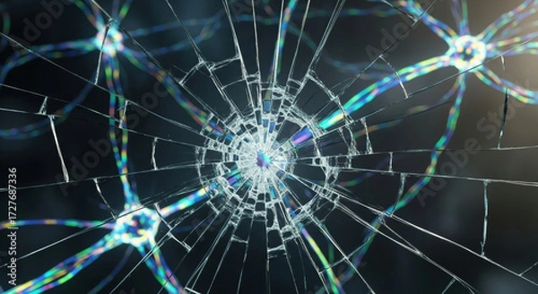 Fototapeta Futuristic ai governance and regulation shattered under weight of complex ethics. network of artificial neuron impulses crack through fragile digital barrier