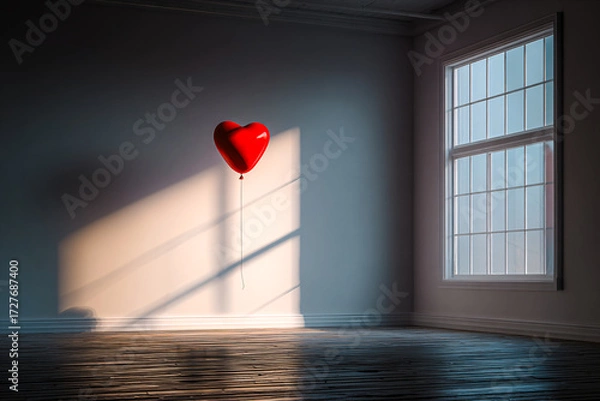 Fototapeta Ballon rouge en forme de coeur dans une pièce vide