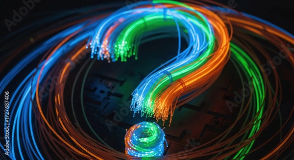 Fototapeta Glowing question mark symbolizes complex ai governance and regulation challenges. swirling lights highlight confusing ethics and inquiry into future technology and data