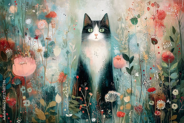Fototapeta Peinture représentant un chat dans  une prairie fleurie