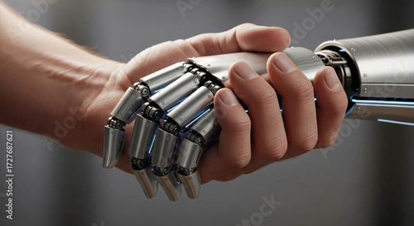 Fototapeta Handshake between human and robot explores ai governance. This connection represents future of technology regulation and importance of ethics in innovation