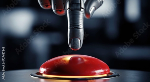 Fototapeta Tense robotic finger pushes glowing red button representing critical decision on ai governance and complex regulation and ethics of advanced technology