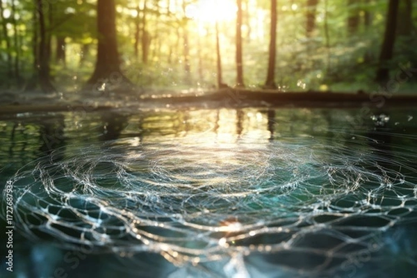 Fototapeta A spiderweb floats on a calm forest pond at sunset, creating a magical, ethereal scene.