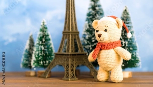 Obraz Christmas teddy bear with Eiffel Tower