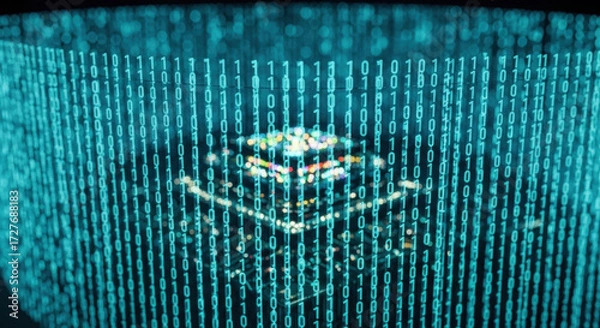 Fototapeta Futuristic ai governance and regulation require strict ethics for data processing. An abstract technology background with binary code shows complex system of digital information and control
