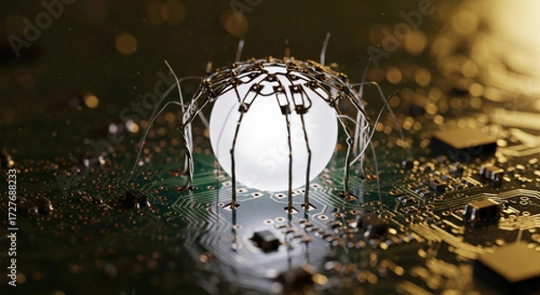 Fototapeta Futuristic ai spider robot on circuit board. governance and regulation of advanced technology raise serious ethics questions about digital innovation and machine intelligence