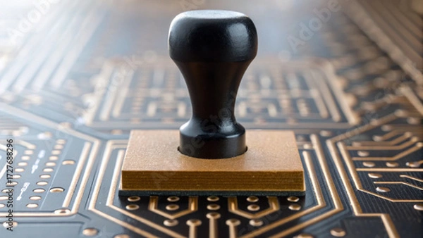 Fototapeta AI governance and regulation with stamp on circuit board symbolizes importance of ethics and control in technology. definitive representation of validation and compliance