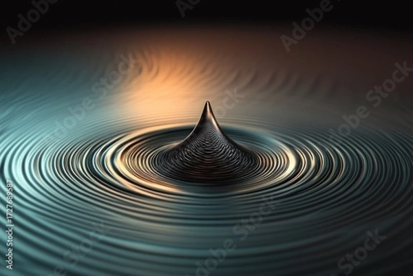 Fototapeta A dark, metallic drop creates concentric ripples on a liquid surface, showcasing elegant fluid dynamics.