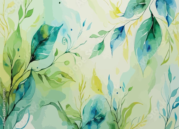 Fototapeta Botanical green watercolor background with leafy patterns