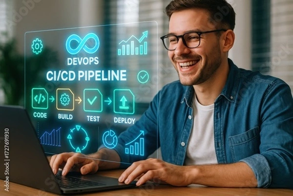 Fototapeta Devops ci/cd pipeline implementation modern office digital illustration professional environment engaging viewpoint technology integration