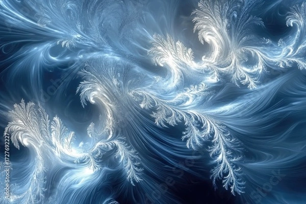 Fototapeta Abstract fractal art depicting swirling, icy blue patterns resembling frost or frozen feathers.