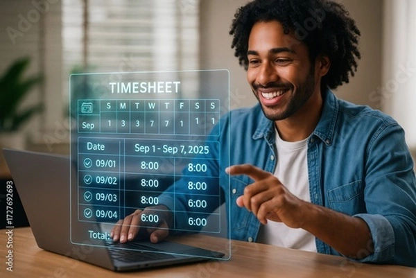 Fototapeta Employee timesheet management home office digital tools bright environment close-up view productivity and organization