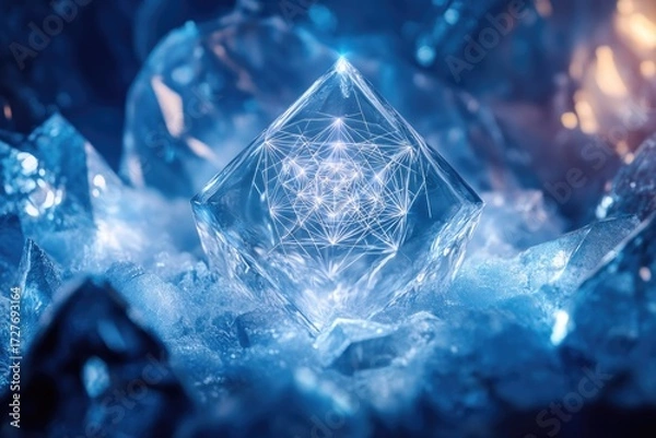 Fototapeta A luminous crystal cube with intricate inner network rests amidst icy blue crystals, suggesting technology, nature, or data.